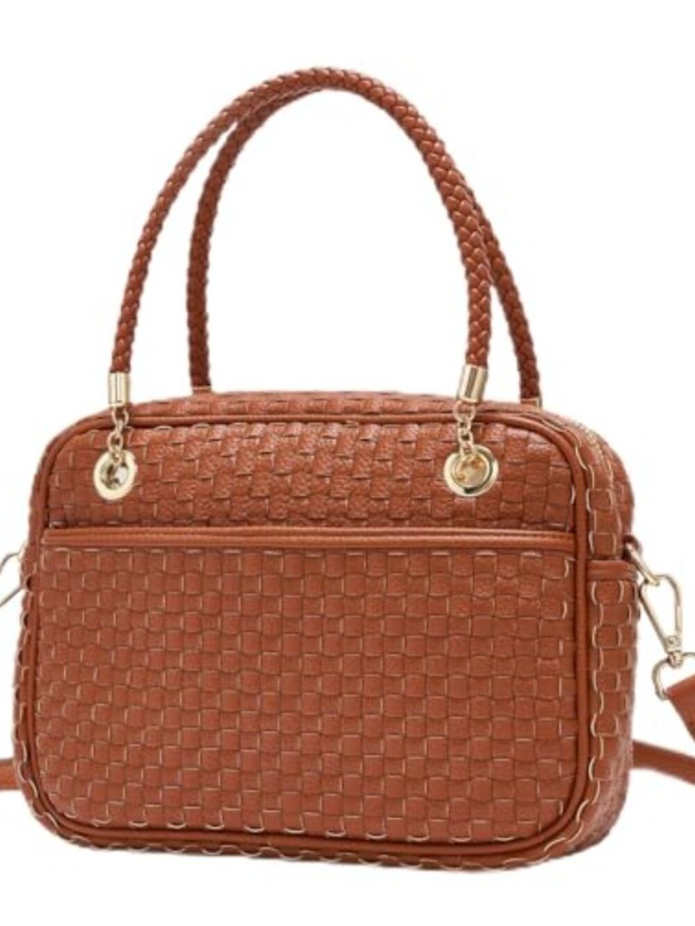 Hand-Woven PU Leather Shoulder Bag Top Handle Zipper Satchel Crossbody Purse